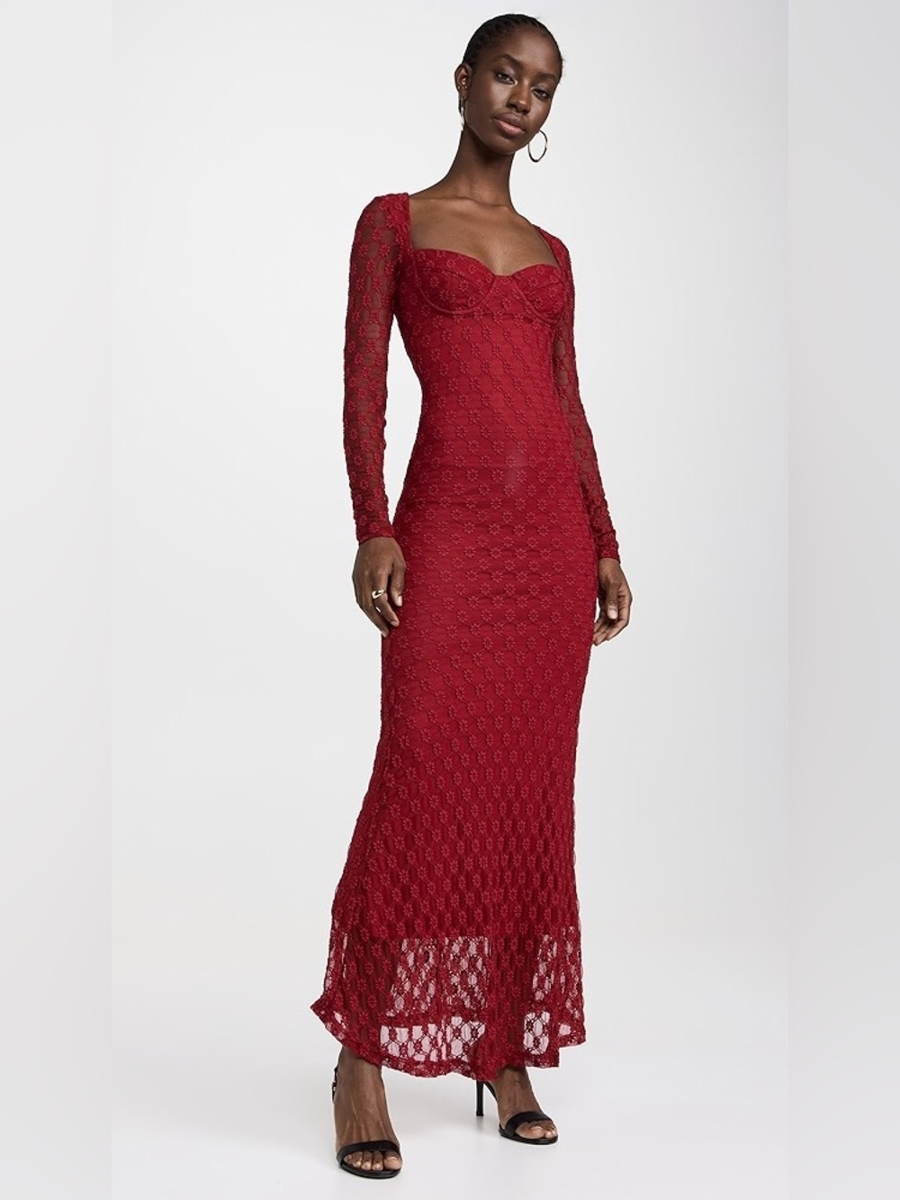 Bardot Avah Red Lace Long Sleeve Maxi Dress Sweetheart Neck Size 6